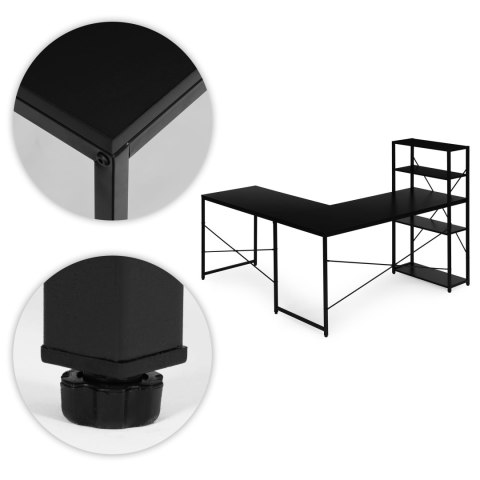 Biurko narożne z regałem 3 półki komputerowe czarne loftowe ModernHome