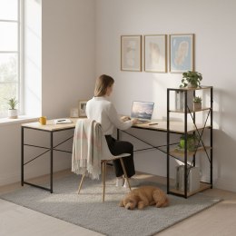 Biurko narożne z regałem 3 półki komputerowe jasny dąb loftowe ModernHome