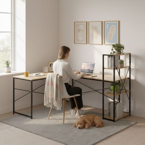 Biurko narożne z regałem 3 półki komputerowe jasny dąb loftowe ModernHome