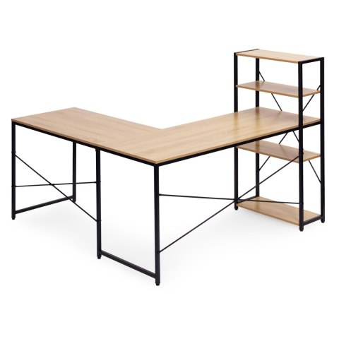 Biurko narożne z regałem 3 półki komputerowe jasny dąb loftowe ModernHome