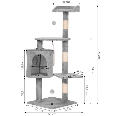 Drapak dla kota legowisko słupek wieża do drapania domek 110 cm szary Petsi
