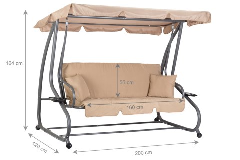 Huśtawka ogrodowa rozkładana 3-osobowa 2w1 poduszki beżowa MultiGarden