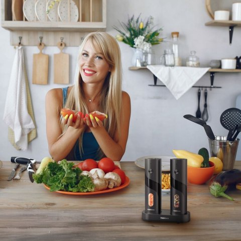 Elektryczny młynek do soli i pieprzu akumulatorowy USB zestaw 2 sztuki regulacja mielenia podświetlenie