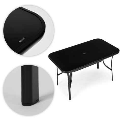 Stół ogrodowy 140x80 cm szkło hartowane otwór na parasol czarny MultiGarden