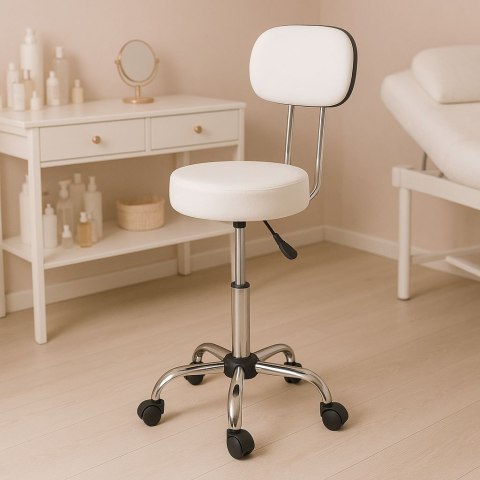 Stołek obrotowy z oparciem taboret kosmetyczny medyczny fotel regulowany biały ModernHome