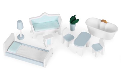 Domek dla lalek Alice 3 piętra 4 pomieszczenia komplet 9 mebelków ECOTOYS